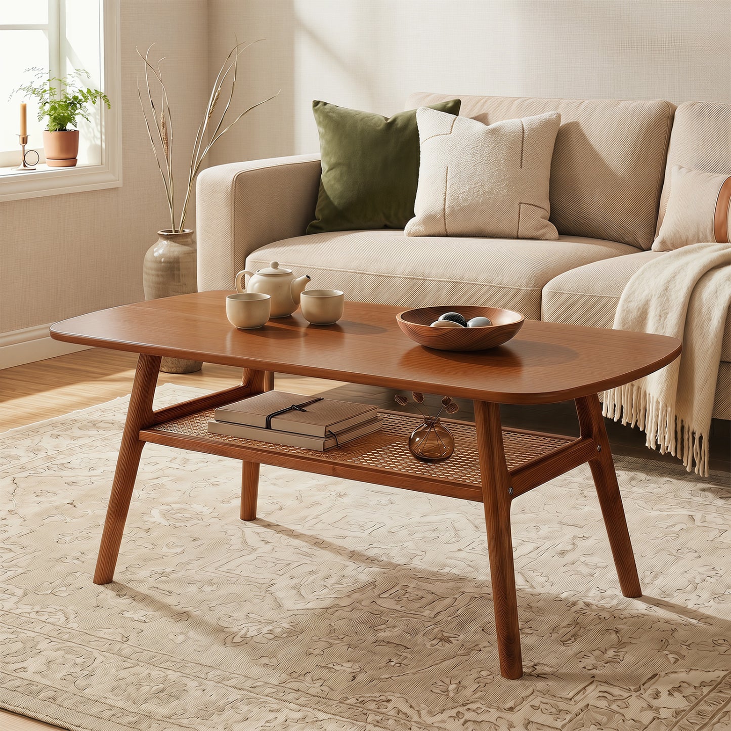 2-Tier Rattan Coffee Table with Rounded Corners