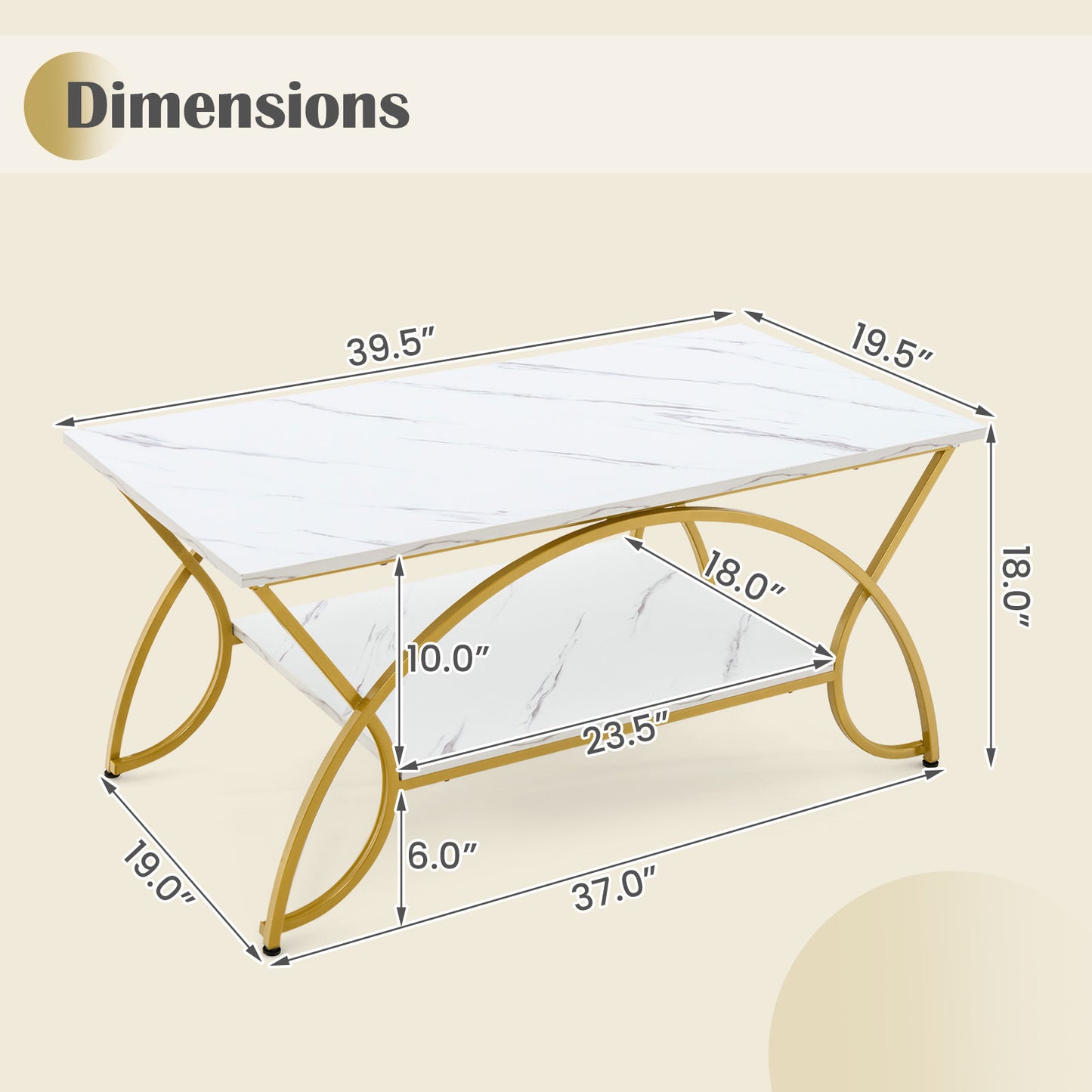 2-Tier Rectangle Coffee Table with Marble Pattern Top