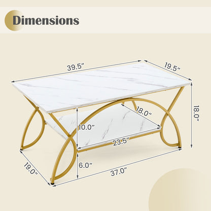 2-Tier Rectangle Coffee Table with Marble Pattern Top