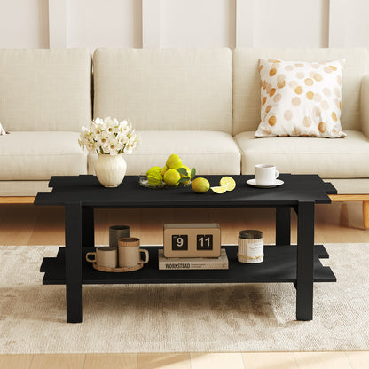 2-Tier Coffee Table Slatted Wood Center Table with Storage Shelf