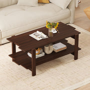2-Tier Coffee Table Slatted Wood Center Table with Storage Shelf-Walnut