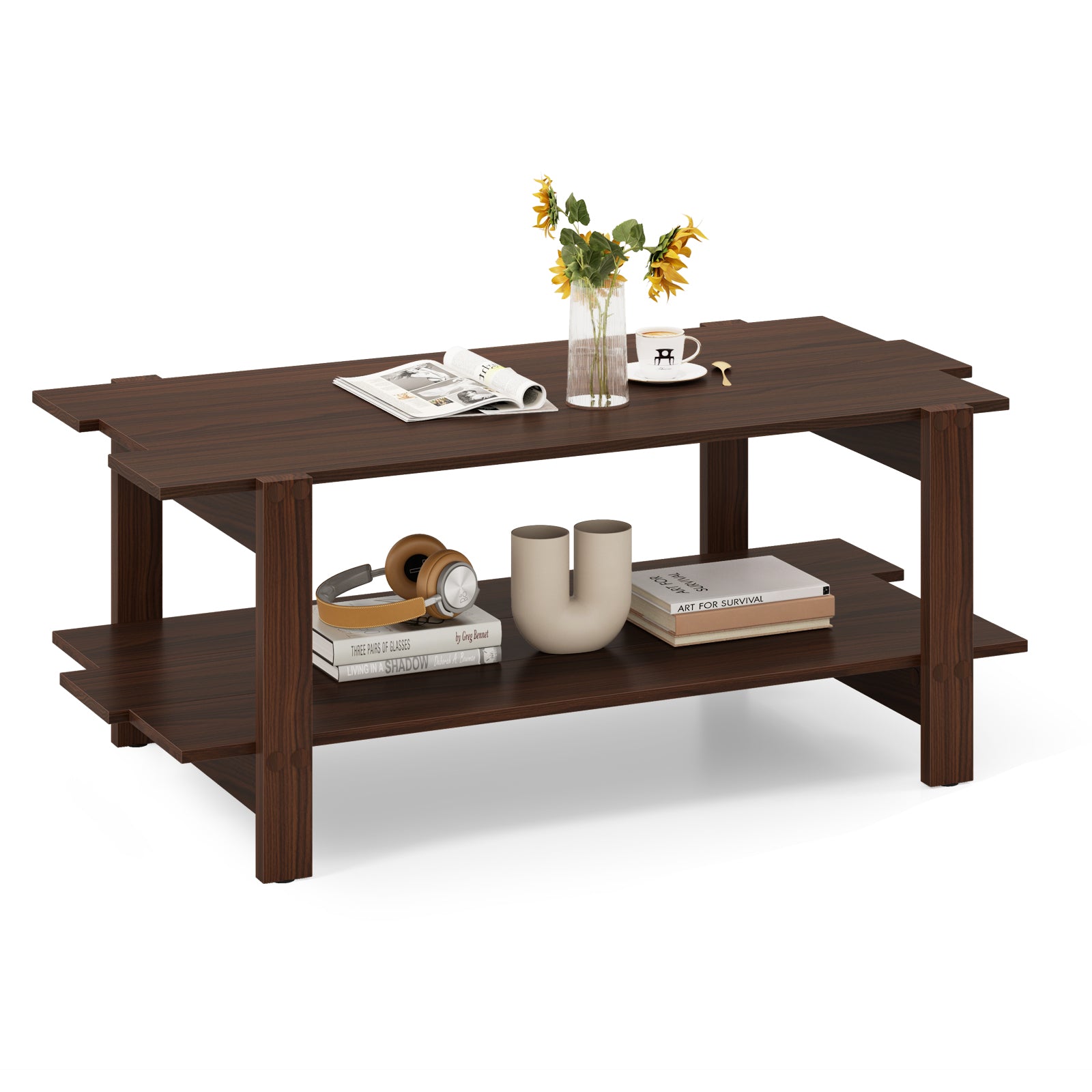 2-Tier Coffee Table Slatted Wood Center Table with Storage Shelf-Black - Walnut