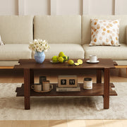 2-Tier Coffee Table Slatted Wood Center Table with Storage Shelf-Walnut