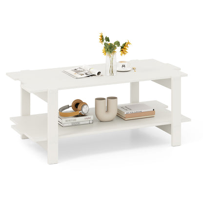 2-Tier Coffee Table Slatted Wood Center Table with Storage Shelf-Black - White