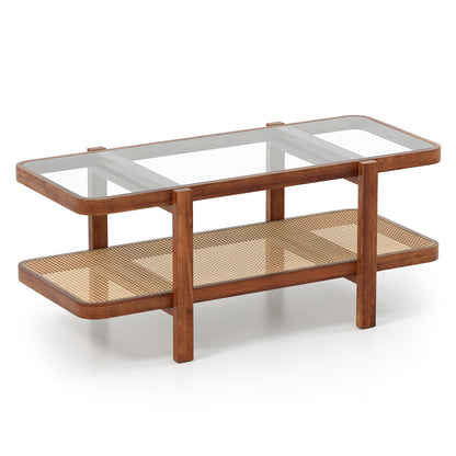 2-Tier Coffee Table with Storage and Tempered Glass Tabletop-Coffee - Coffee