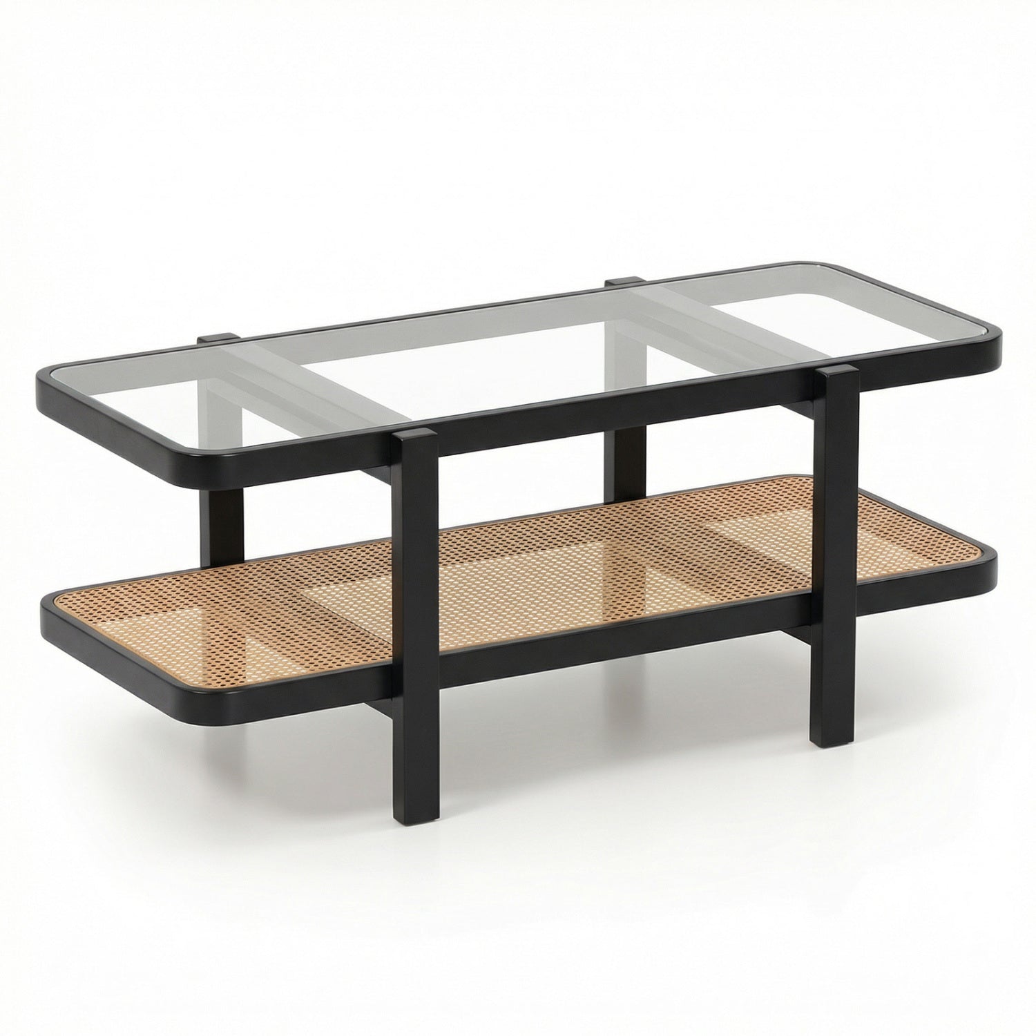 2-Tier Coffee Table with Storage and Tempered Glass Tabletop-Coffee - Black
