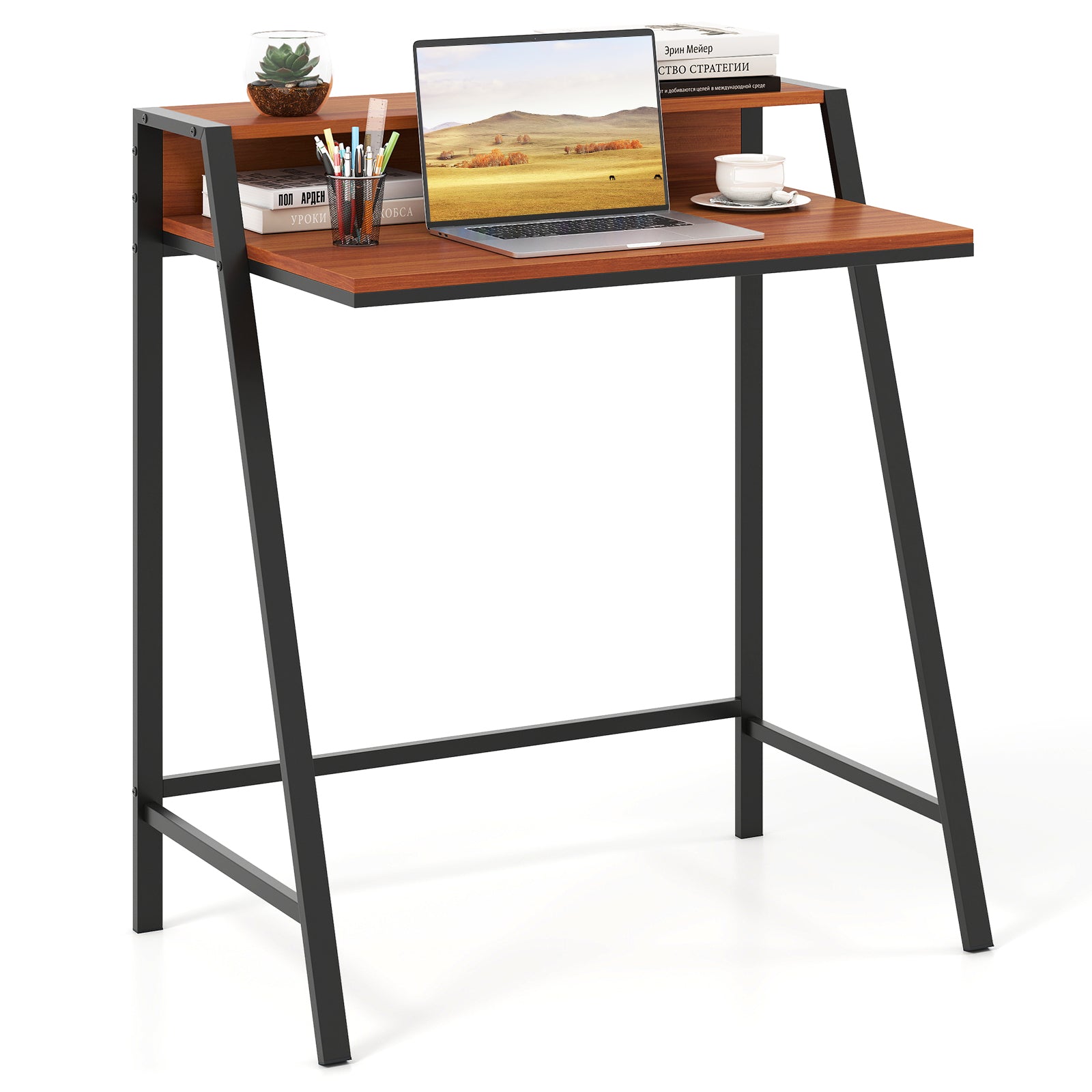 2 Tier Computer Desk PC Laptop Table Study Writing Home Office Workstation New-Walnut