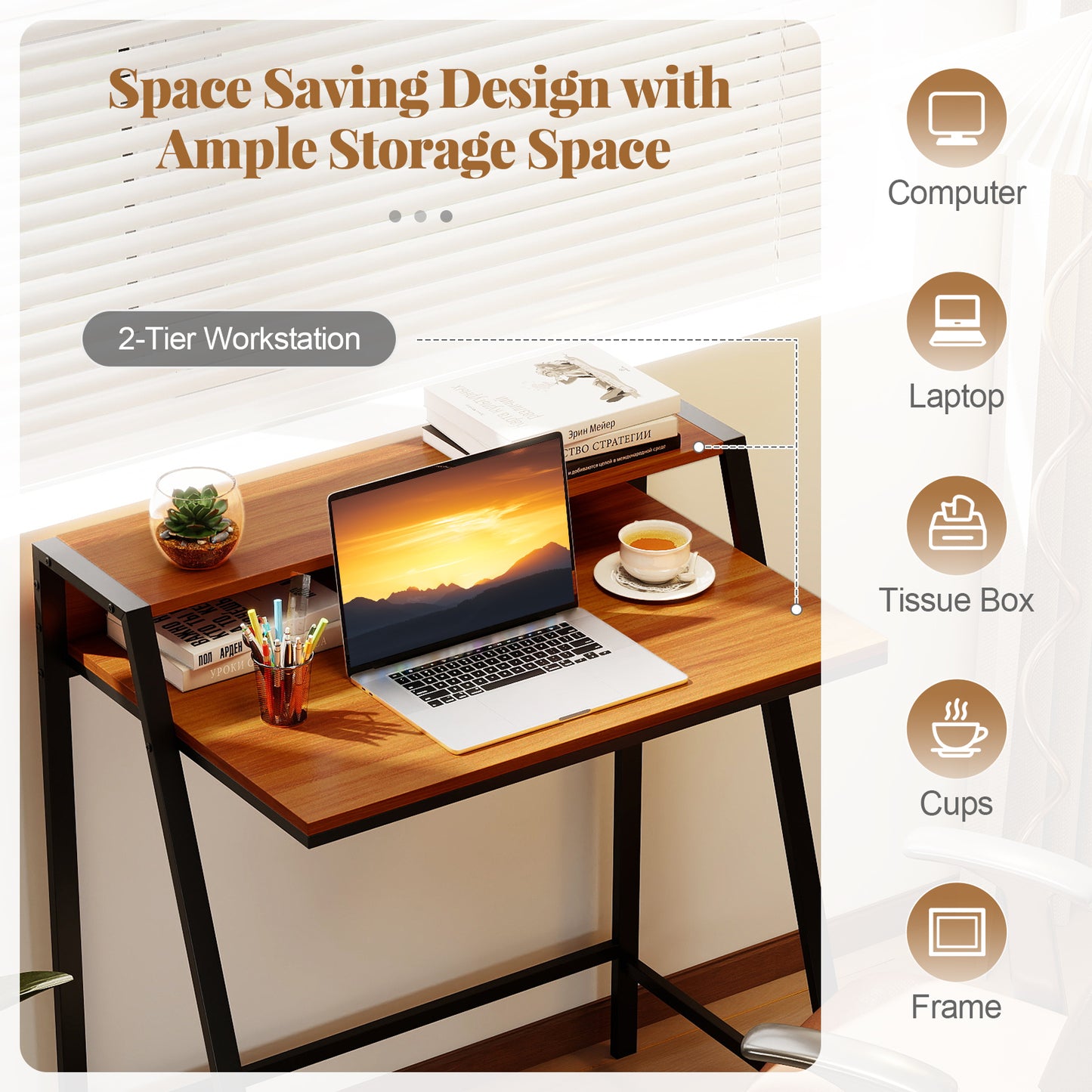 2 Tier Computer Desk PC Laptop Table Study Writing Home Office Workstation New-Walnut