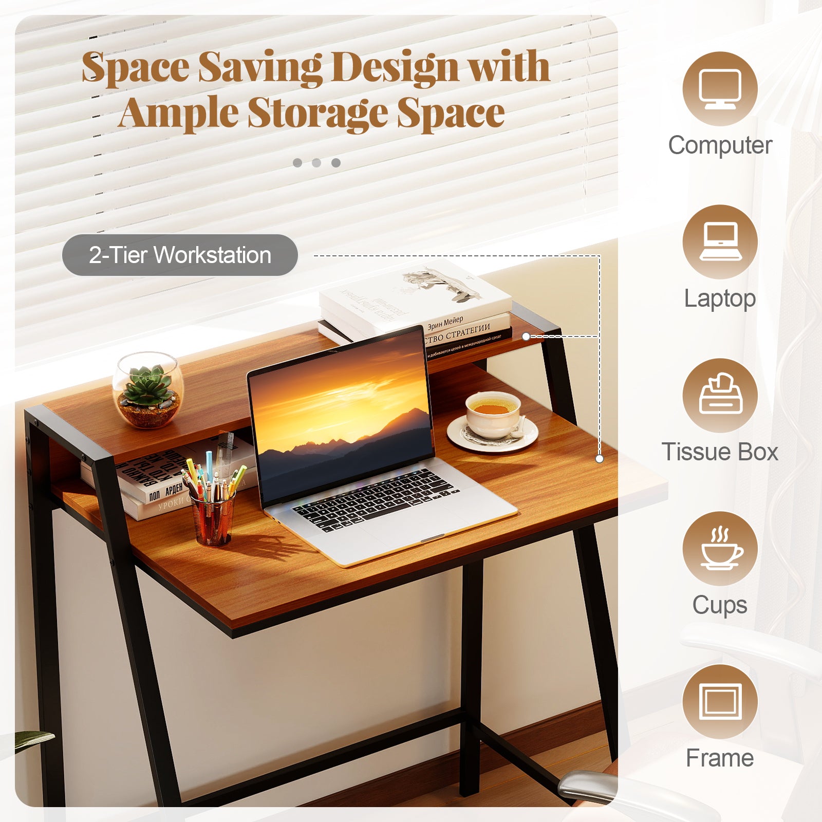 2 Tier Computer Desk PC Laptop Table Study Writing Home Office Workstation New-Walnut