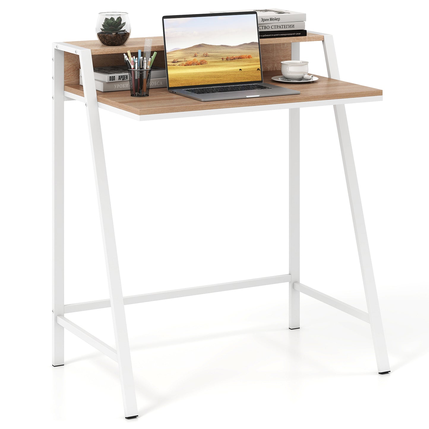 2 Tier Computer Desk PC Laptop Table Study Writing Home Office Workstation New-Natural