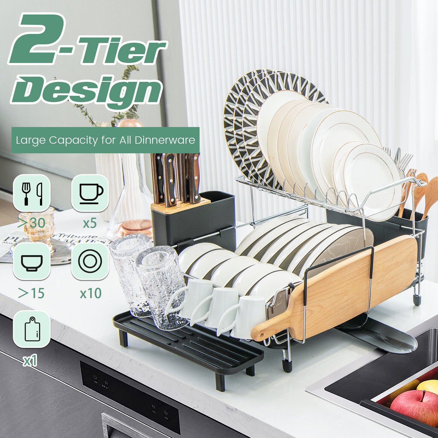2-Tier Detachable Dish Rack with Drainboard and 360¬∞ Swivel Spout