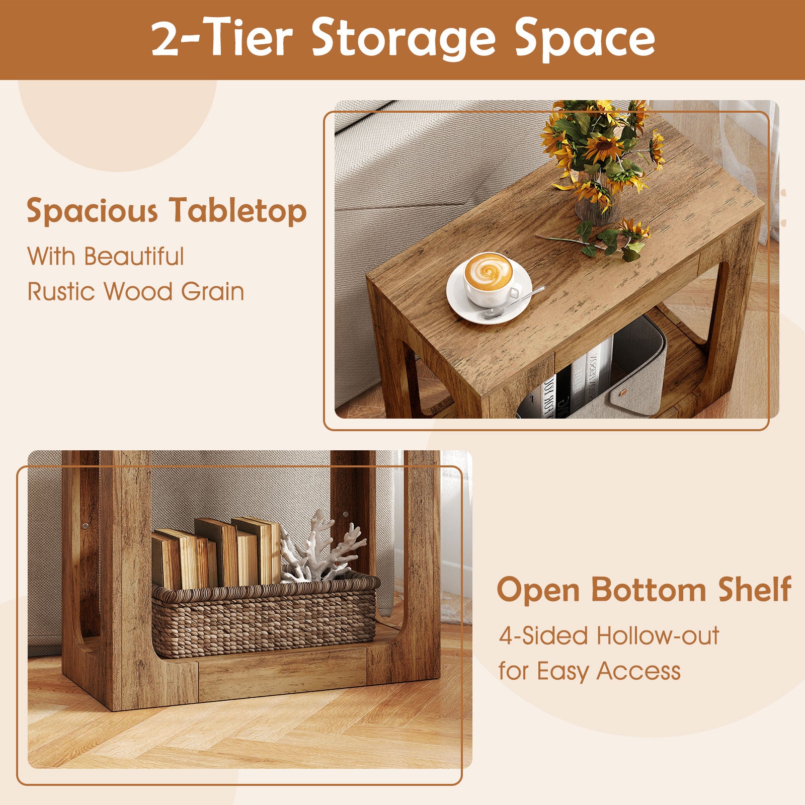 2-Tier End Table with Storage Shelf for Living Room-Oak