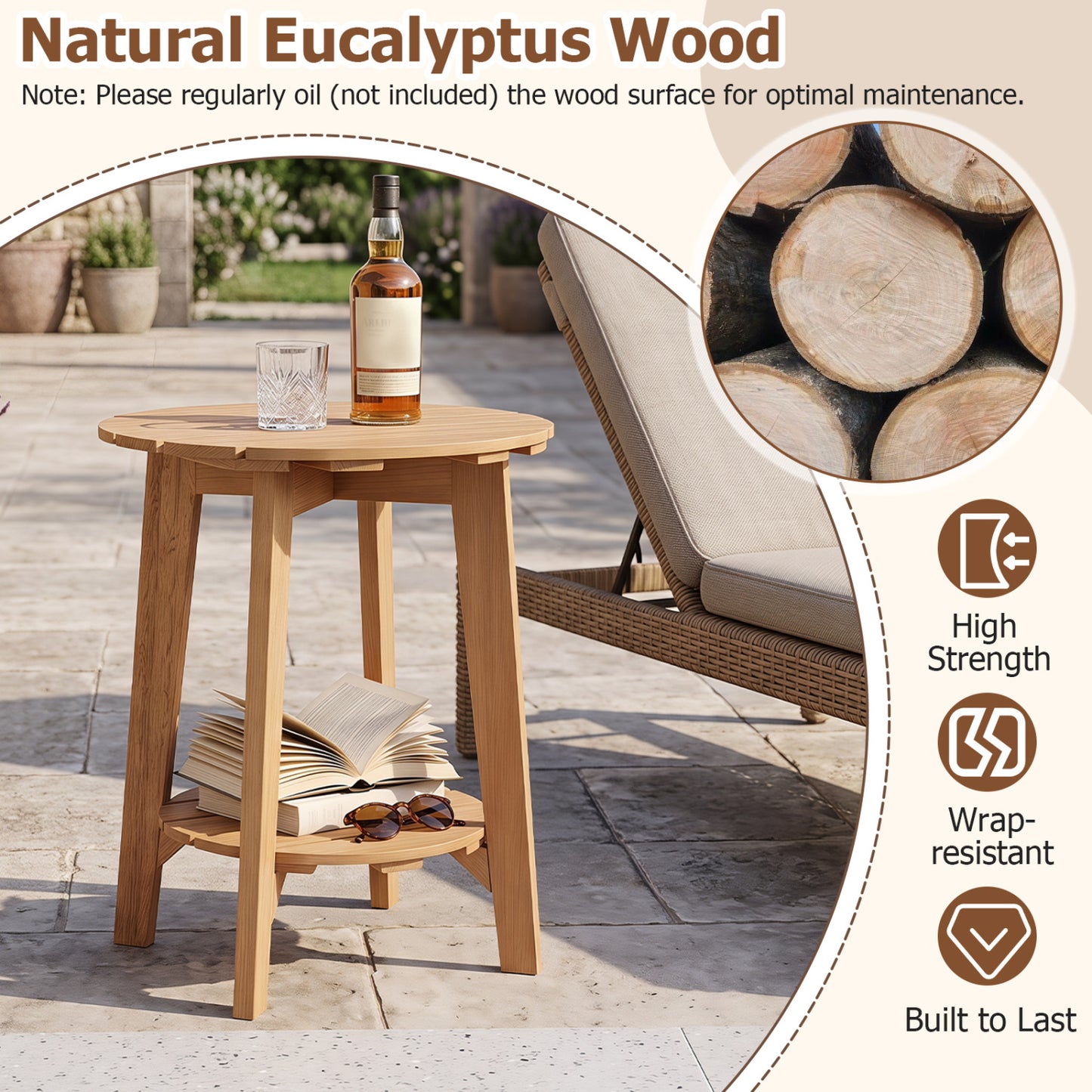 2-Tier Eucalyptus Wood Side Table with Storage Shelf