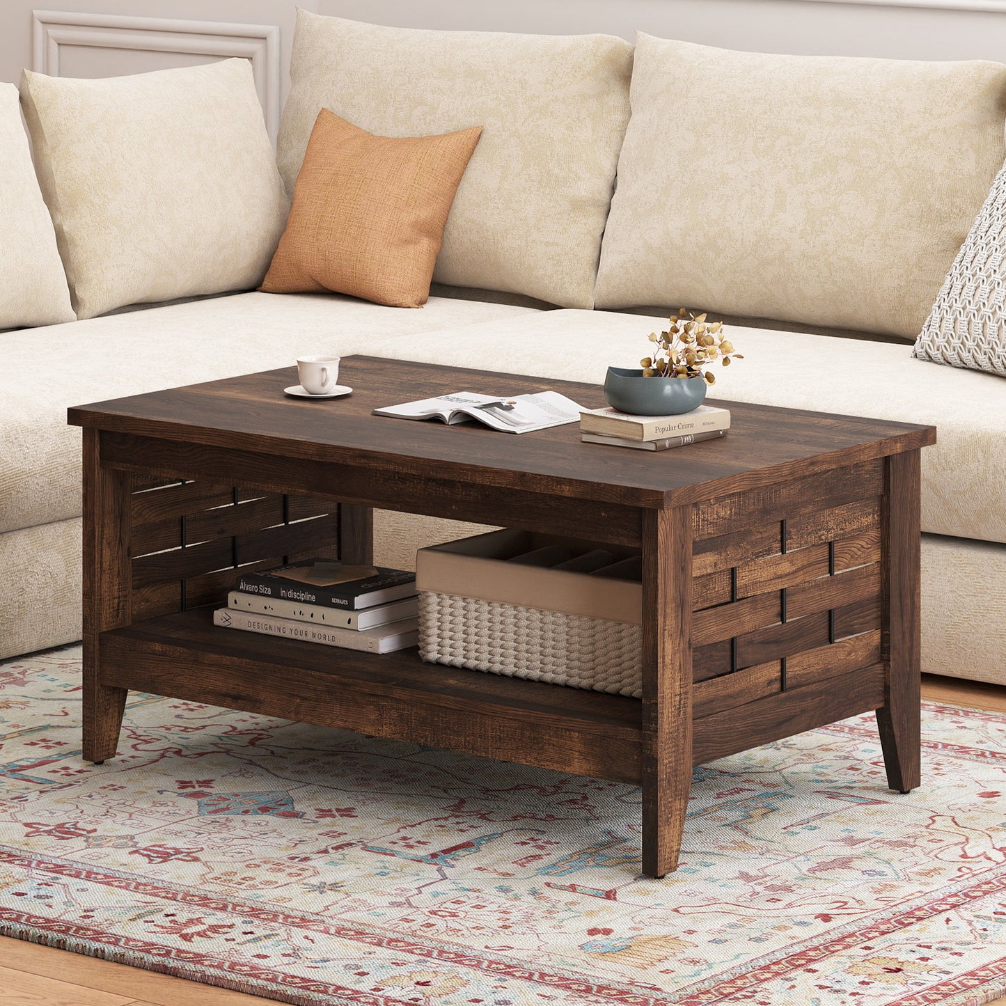 2-Tier Farmhouse Coffee Table with Open Shelf and Woven Decorations for Living Room-Rustic Brown