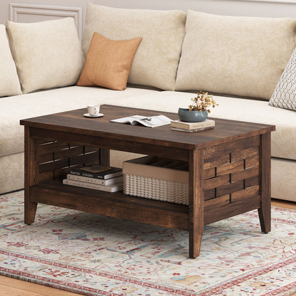 2-Tier Farmhouse Coffee Table with Open Shelf and Woven Decorations for Living Room-Rustic Brown