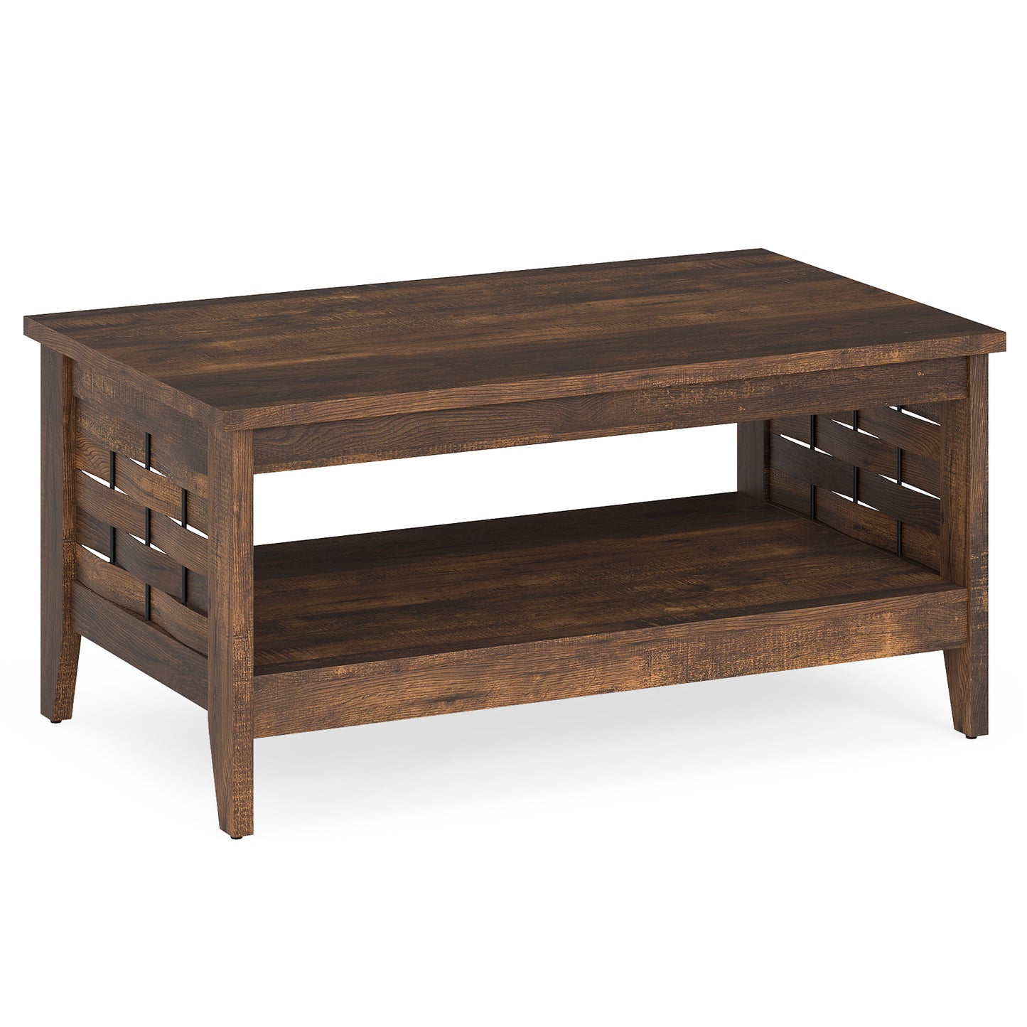 2-Tier Farmhouse Coffee Table with Open Shelf and Woven Decorations for Living Room-Rustic Brown