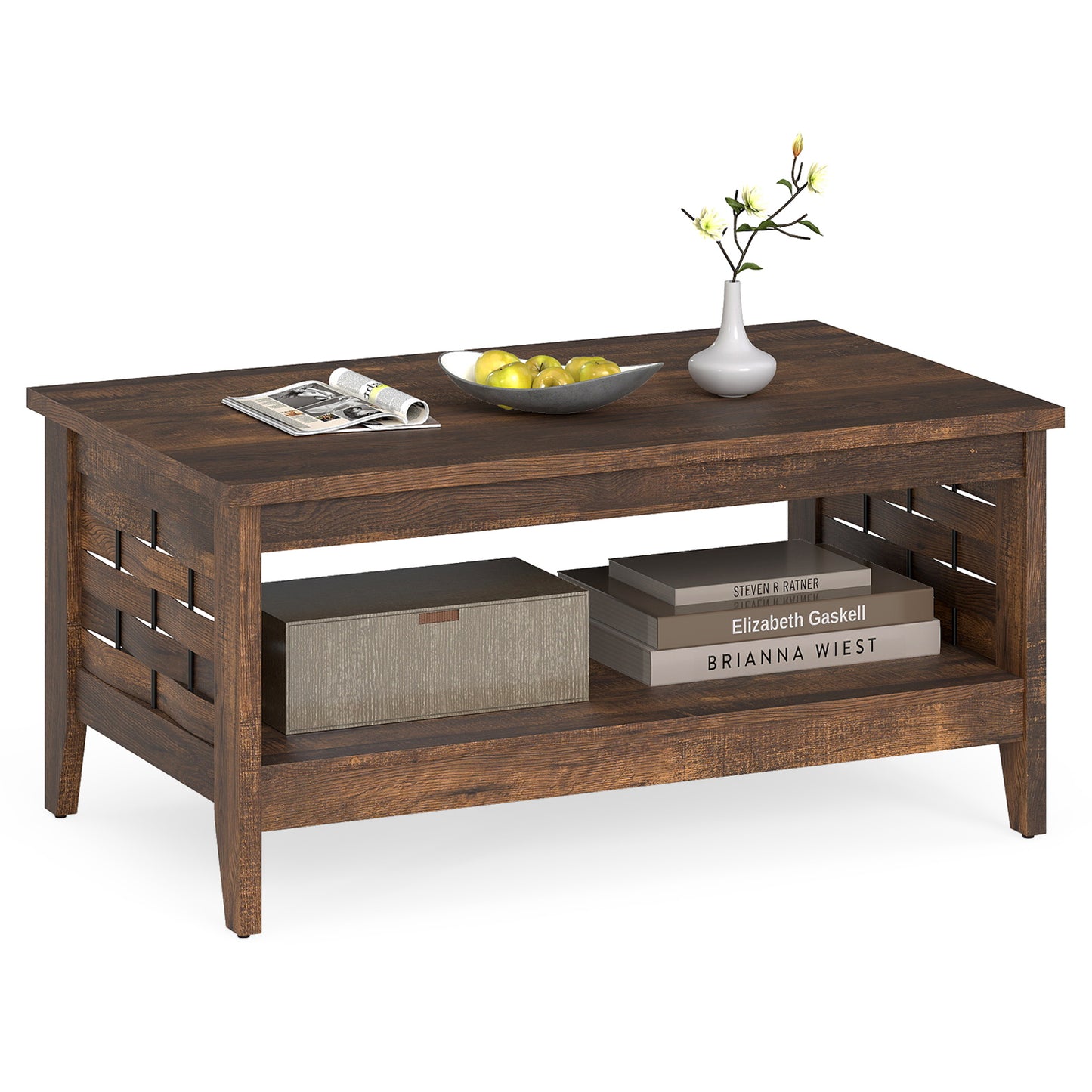 2-Tier Farmhouse Coffee Table with Open Shelf and Woven Decorations for Living Room-Rustic Brown