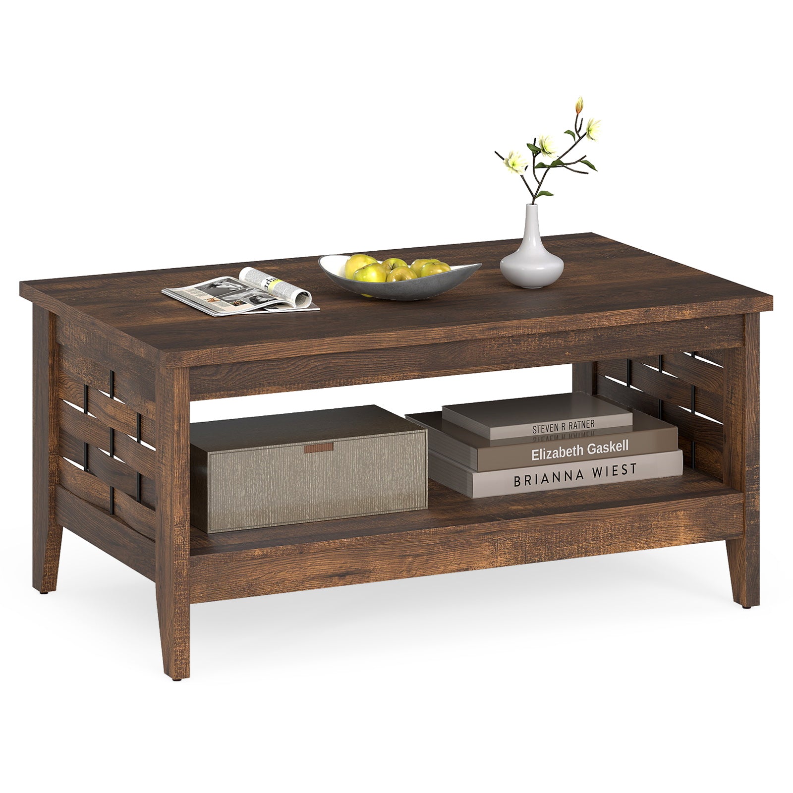 2-Tier Farmhouse Coffee Table with Open Shelf and Woven Decorations for Living Room-Rustic Brown