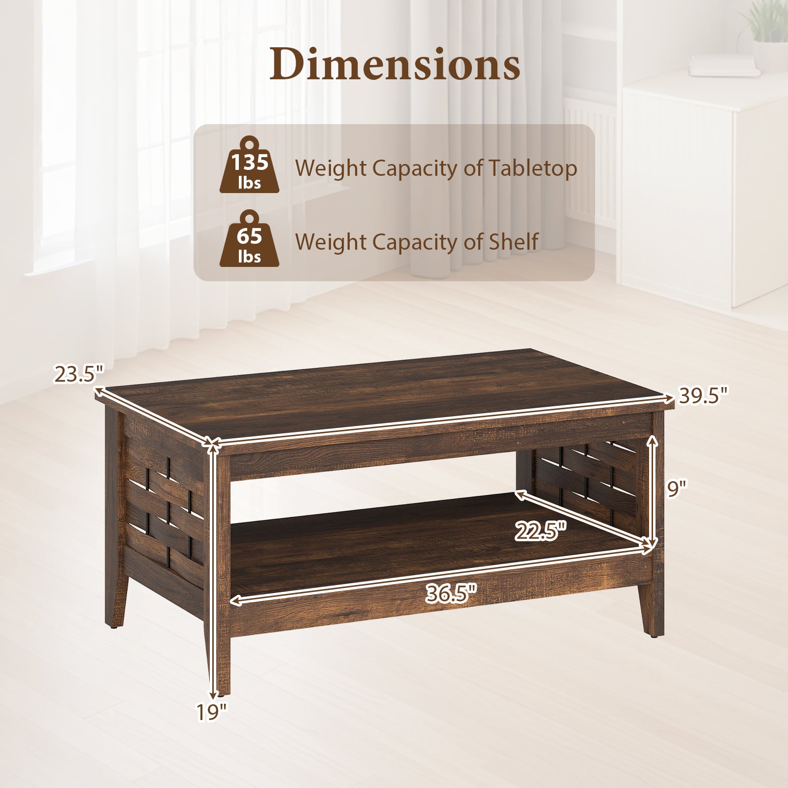 2-Tier Farmhouse Coffee Table with Open Shelf and Woven Decorations for Living Room-Rustic Brown