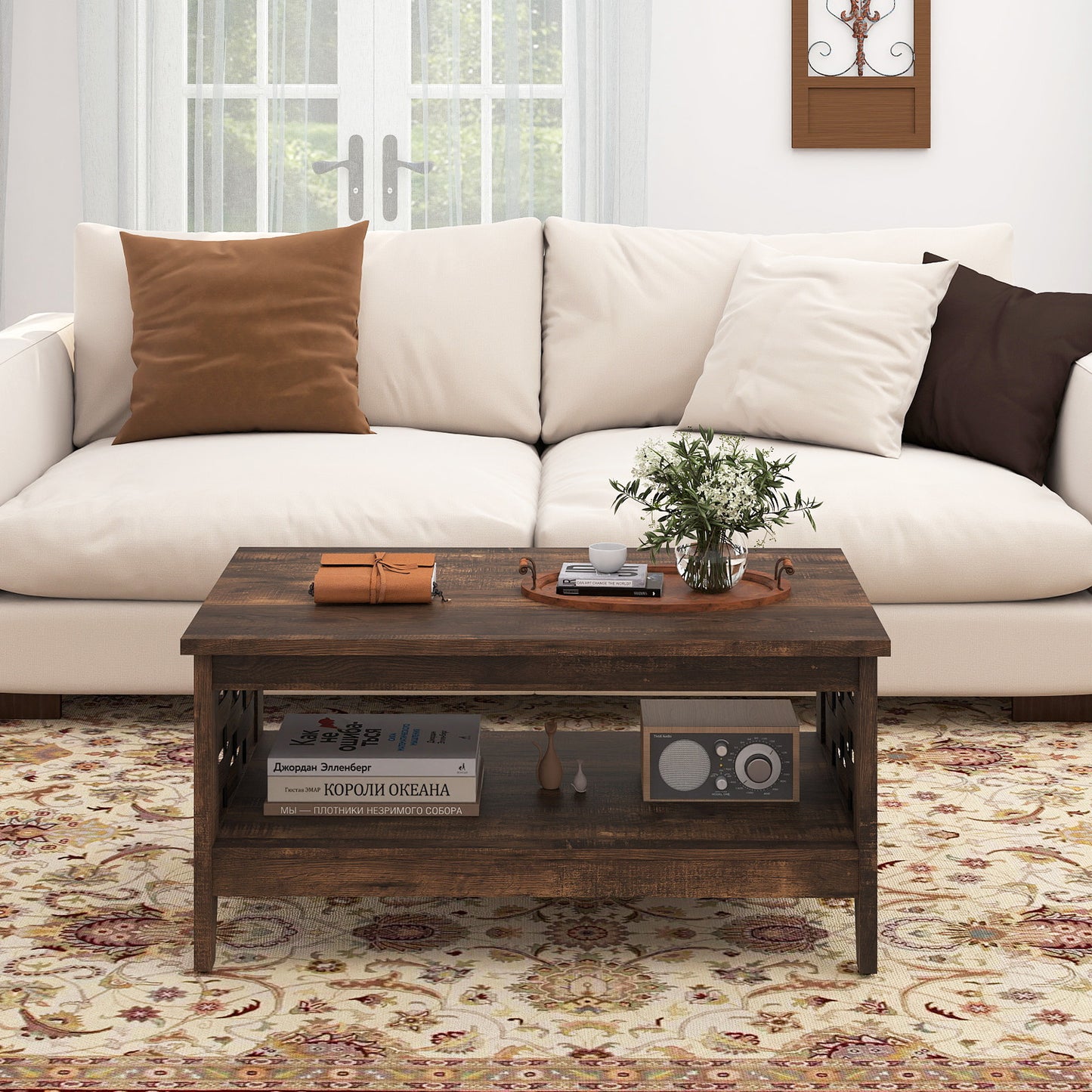 2-Tier Farmhouse Coffee Table with Open Shelf and Woven Decorations for Living Room-Rustic Brown