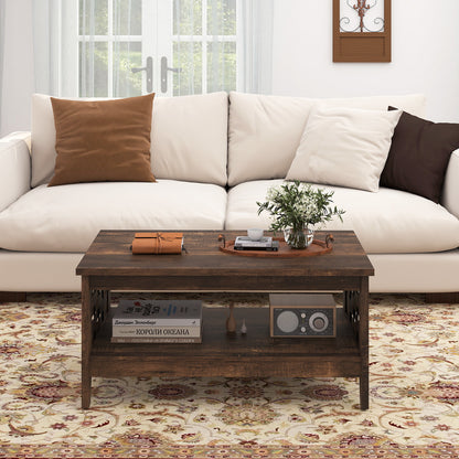 2-Tier Farmhouse Coffee Table with Open Shelf and Woven Decorations for Living Room-Rustic Brown