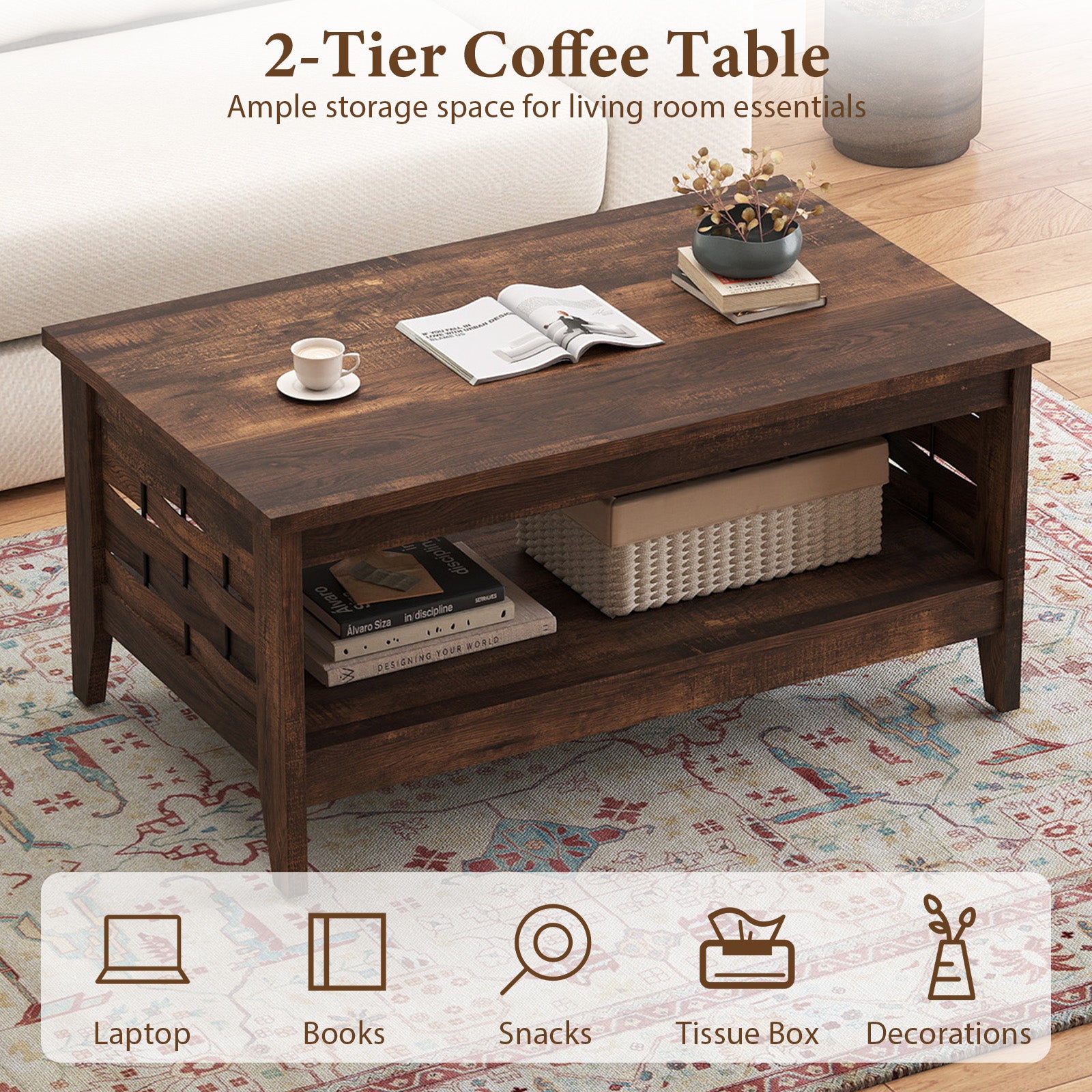 2-Tier Farmhouse Coffee Table with Open Shelf and Woven Decorations for Living Room-Rustic Brown