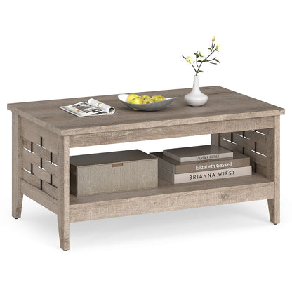 2-Tier Farmhouse Coffee Table with Open Shelf and Woven Decorations for Living Room-Oak