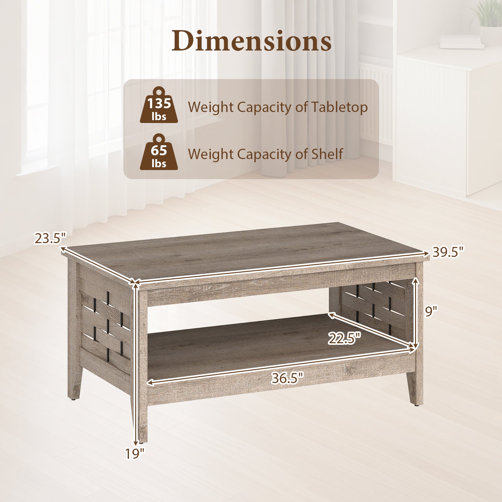 2-Tier Farmhouse Coffee Table with Open Shelf and Woven Decorations for Living Room-Oak