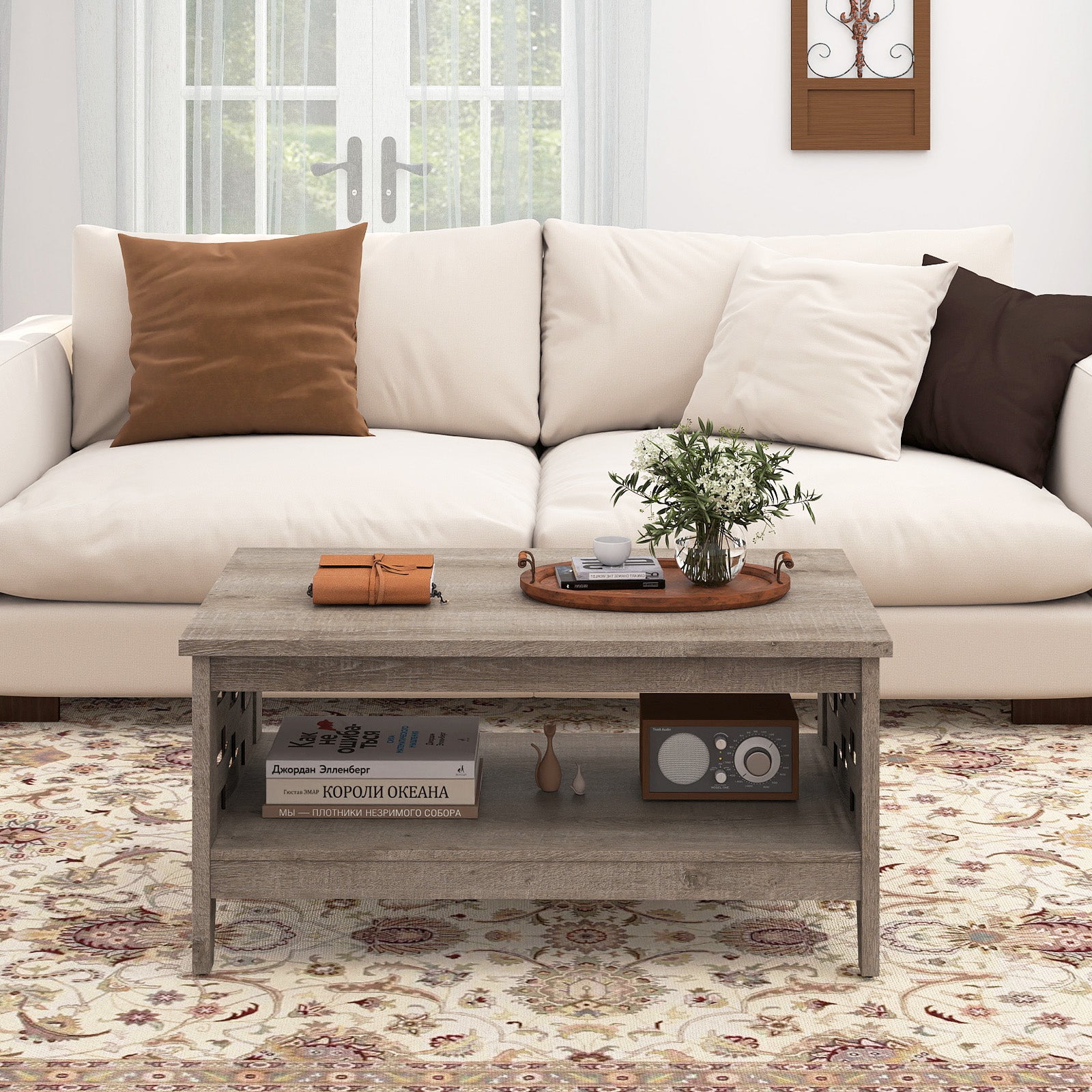 2-Tier Farmhouse Coffee Table with Open Shelf and Woven Decorations for Living Room-Oak