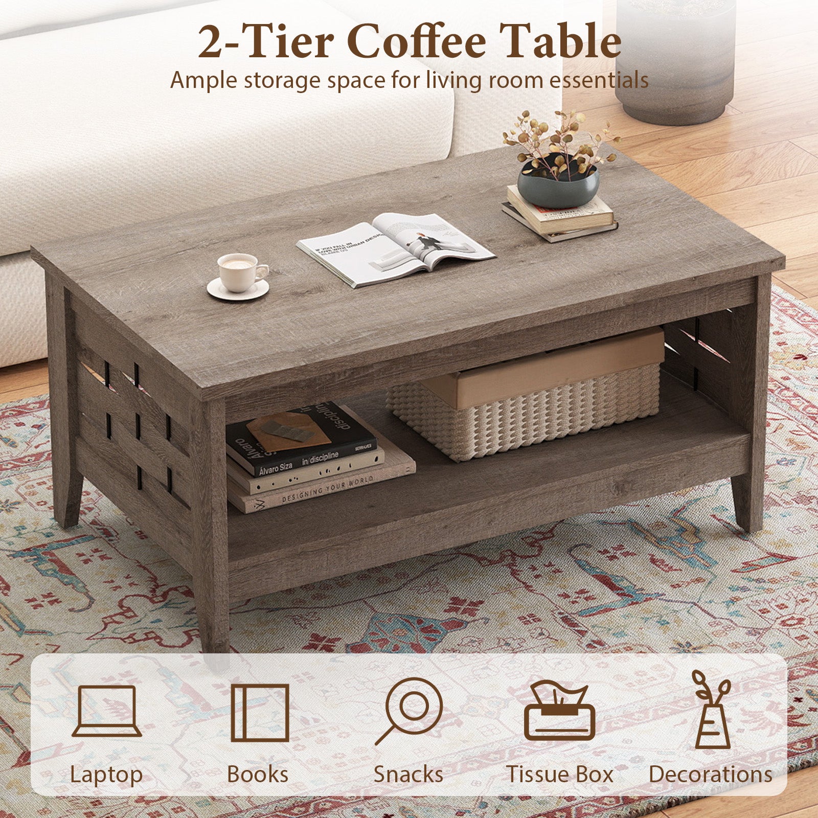 2-Tier Farmhouse Coffee Table with Open Shelf and Woven Decorations for Living Room-Oak