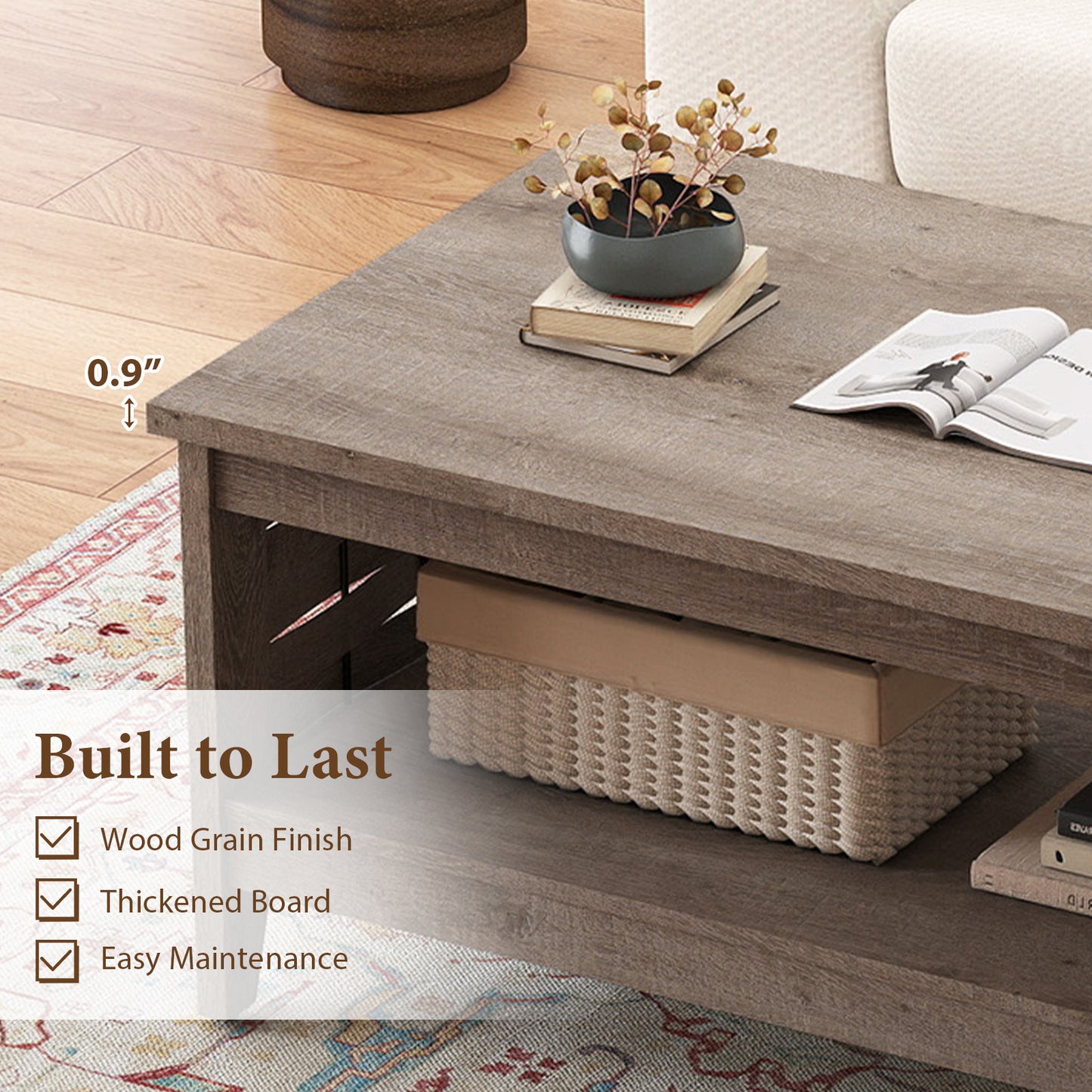 2-Tier Farmhouse Coffee Table with Open Shelf and Woven Decorations for Living Room-Oak