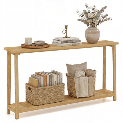 2-Tier Farmhouse Sofa Table with Teak Wood Frame and Storage Shelf