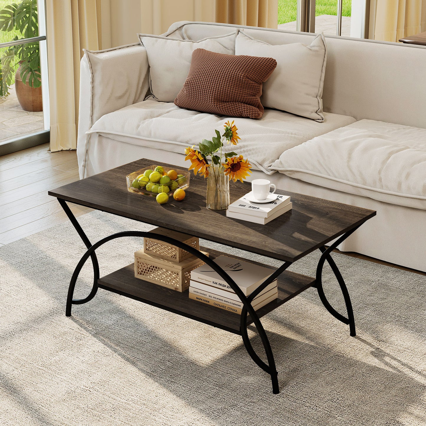 2-Tier Rectangle Coffee Table with Marble Pattern Top