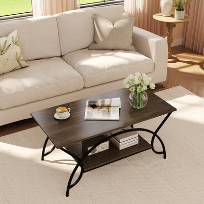 2-Tier Rectangle Coffee Table with Marble Pattern Top