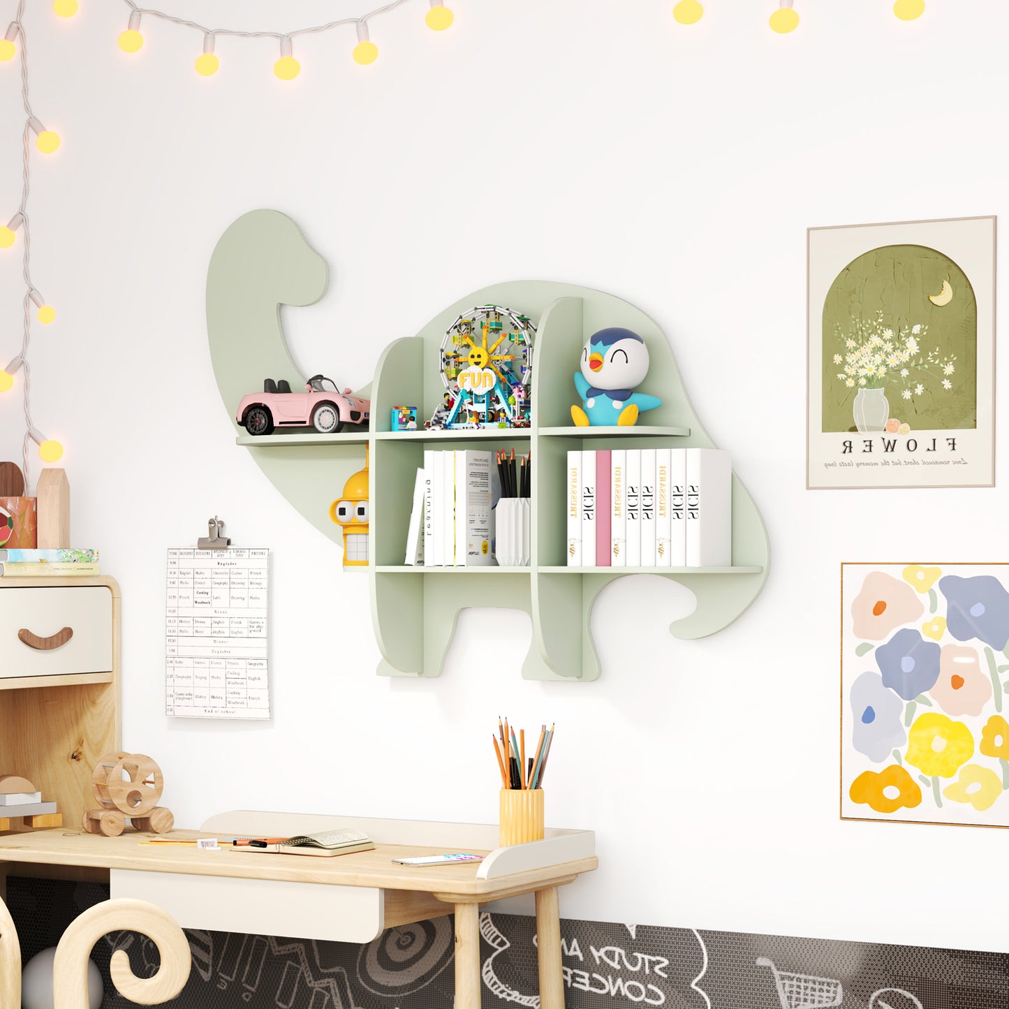 2-Tier Floating Dinosaur Kids Bookshelf for Children-Green