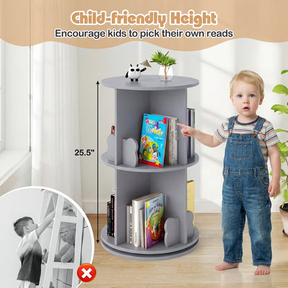 Kids Rotating Bookshelf 2-Tier Storage Rack with Bear Baffles