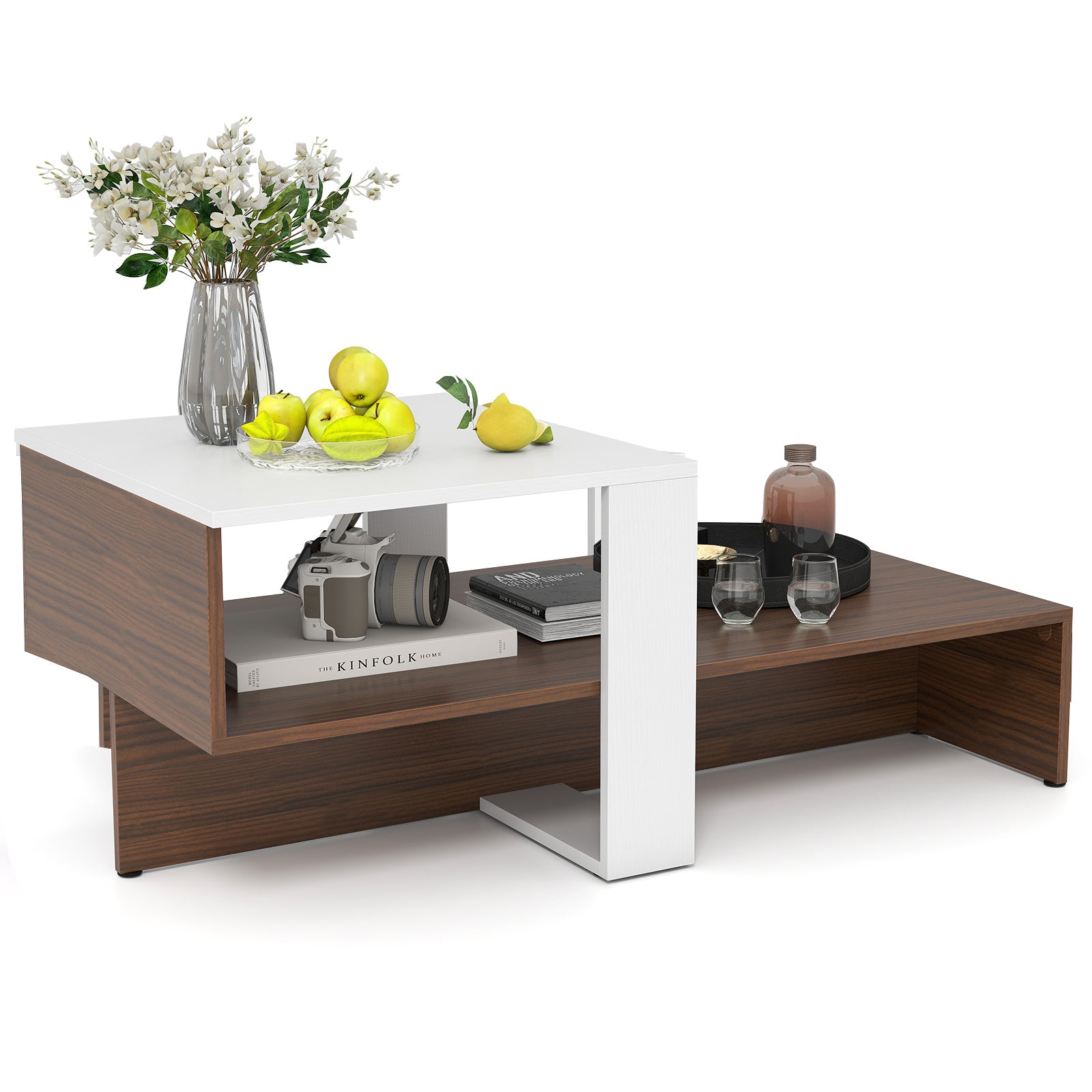 2-Tier Geometric Coffee Table with Storage Shelves for Living Room and Reception Room-White and Brown