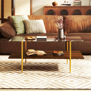 2-Tier Glass Coffee Table with Tampered Glass Tabletop and Open Storage Shelf-Brown