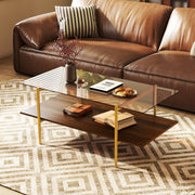 2-Tier Glass Coffee Table with Tampered Glass Tabletop and Open Storage Shelf-Brown