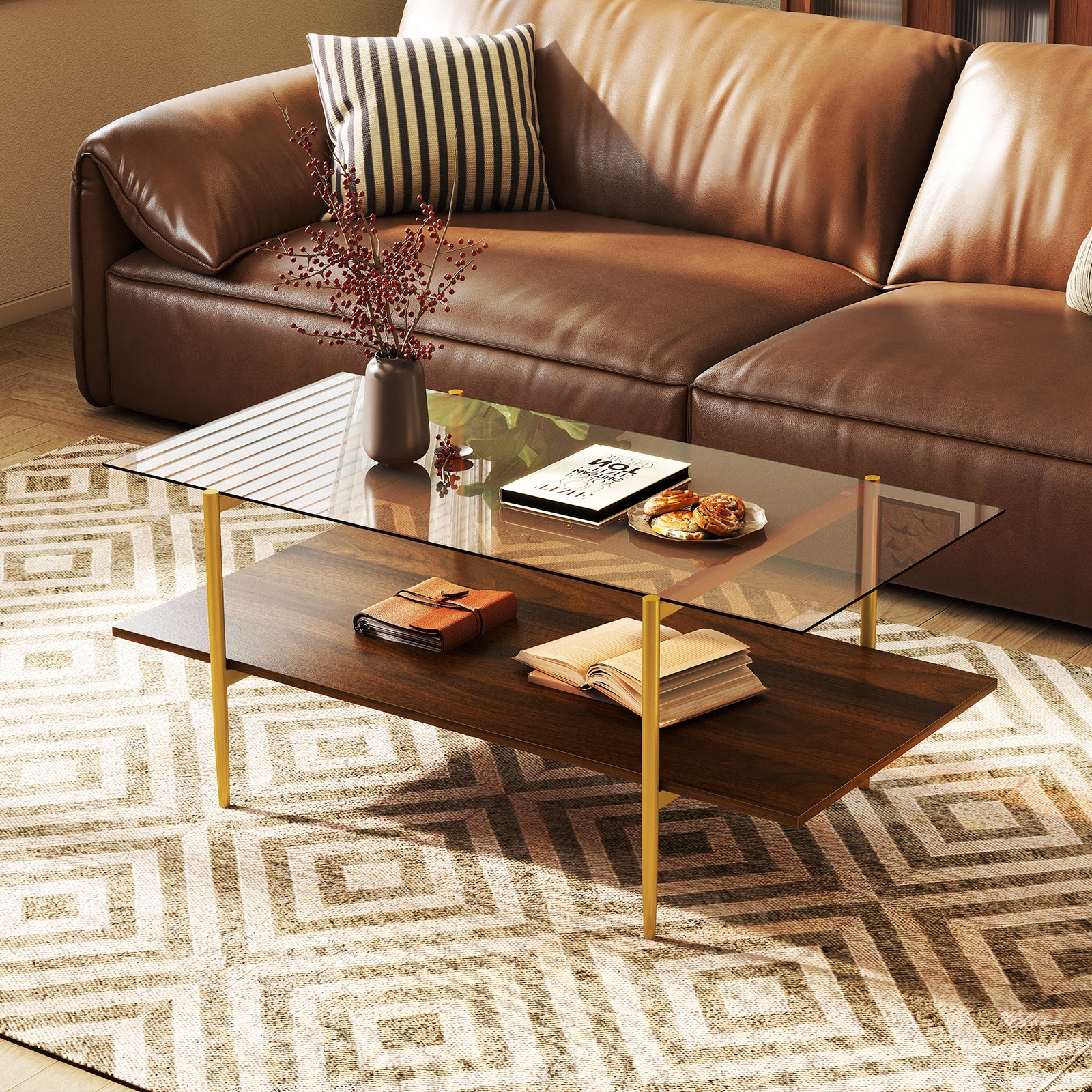 2-Tier Glass Coffee Table with Tampered Glass Tabletop and Open Storage Shelf-Brown