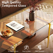 2-Tier Glass Coffee Table with Tampered Glass Tabletop and Open Storage Shelf-Brown
