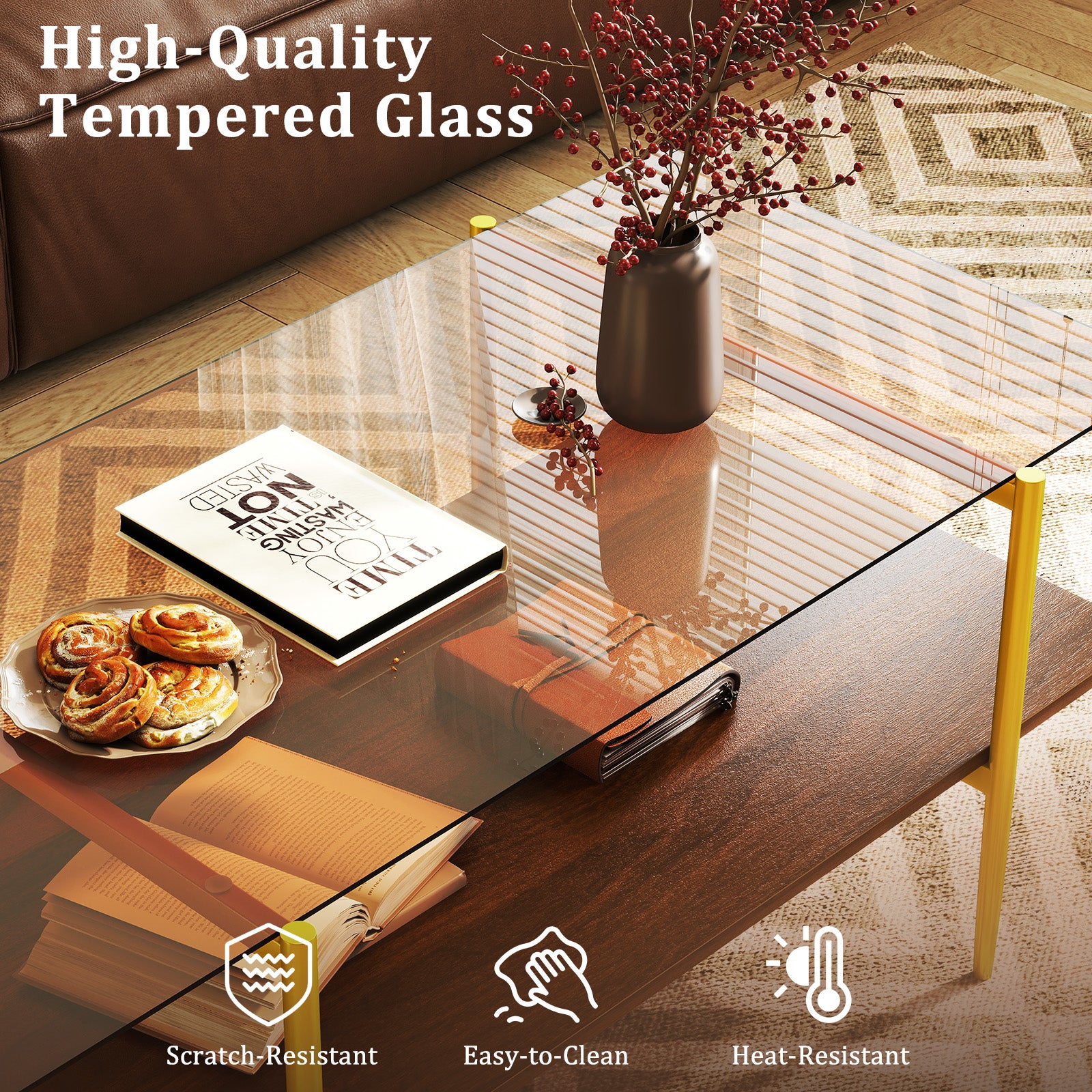 2-Tier Glass Coffee Table with Tampered Glass Tabletop and Open Storage Shelf-Brown