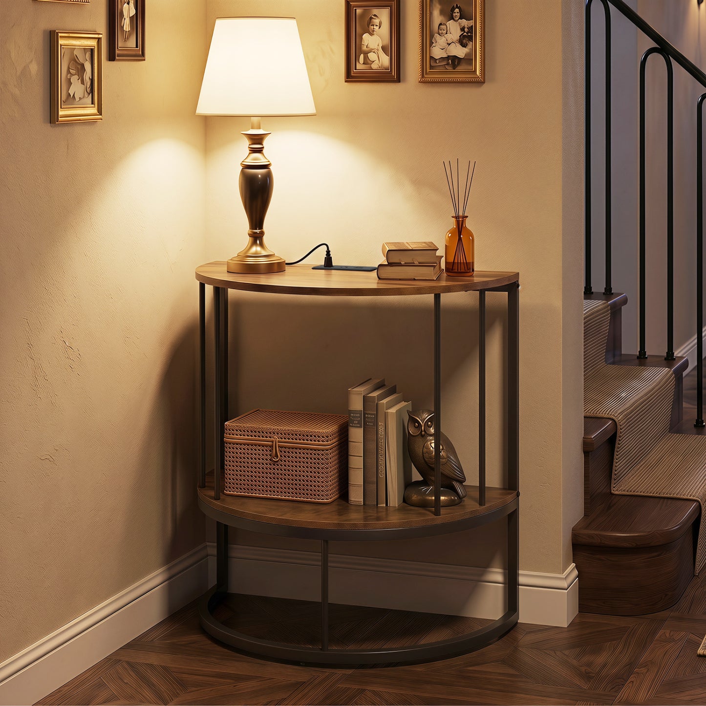 Half Moon Console Table with Power Outlets & Storage Shelf