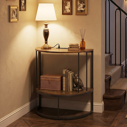 Half Moon Console Table with Power Outlets & Storage Shelf