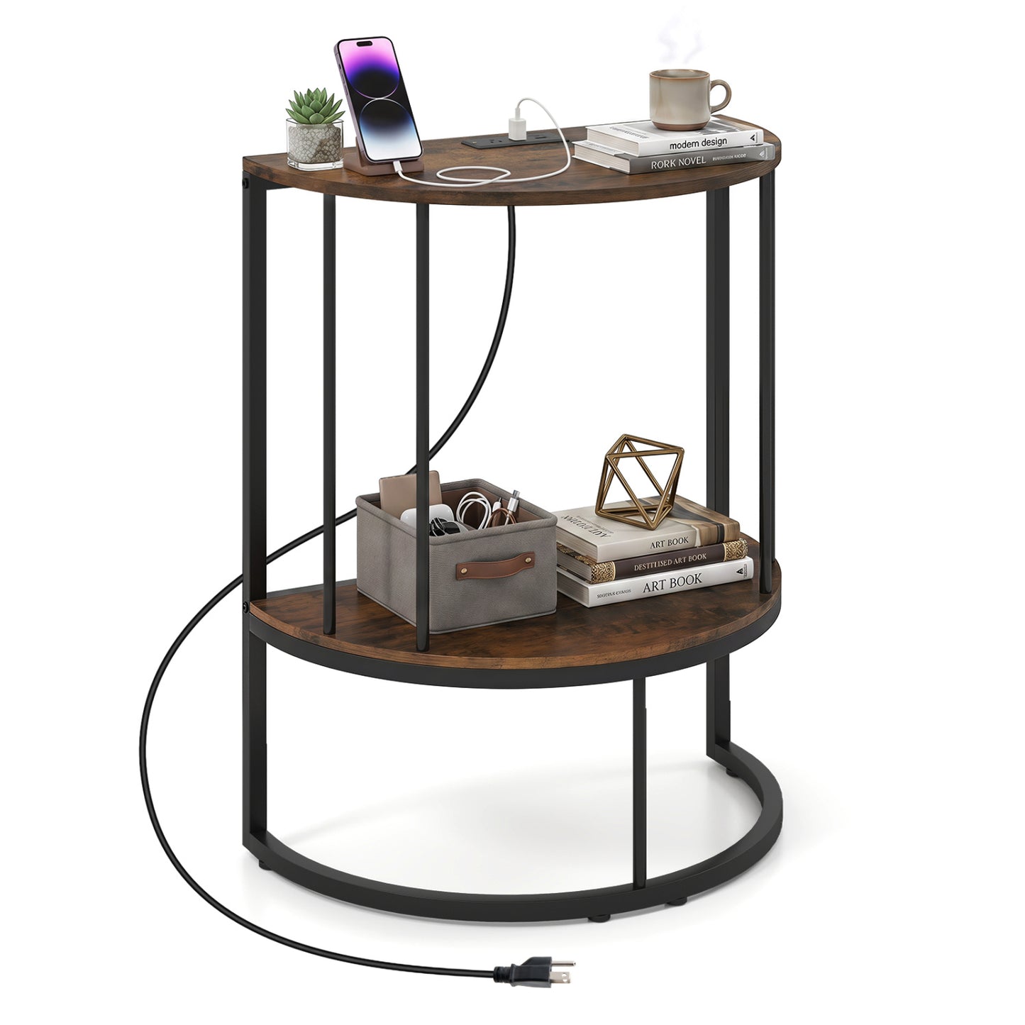 Half Moon Console Table with Power Outlets & Storage Shelf