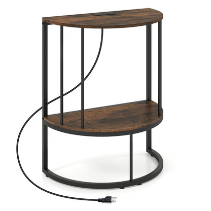 Half Moon Console Table with Power Outlets & Storage Shelf