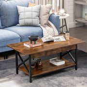 2-Tier Industrial Rectangular Coffee Table with Storage Shelf-Rustic Brown