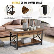 2-Tier Industrial Rectangular Coffee Table with Storage Shelf-Rustic Brown
