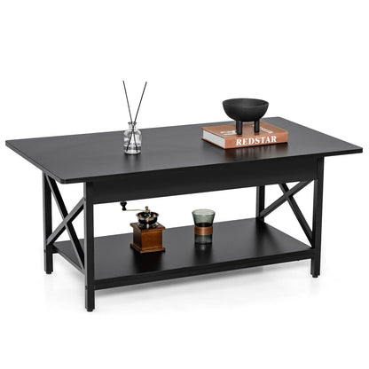 2-Tier Industrial Rectangular Coffee Table with Storage Shelf-Black - Black