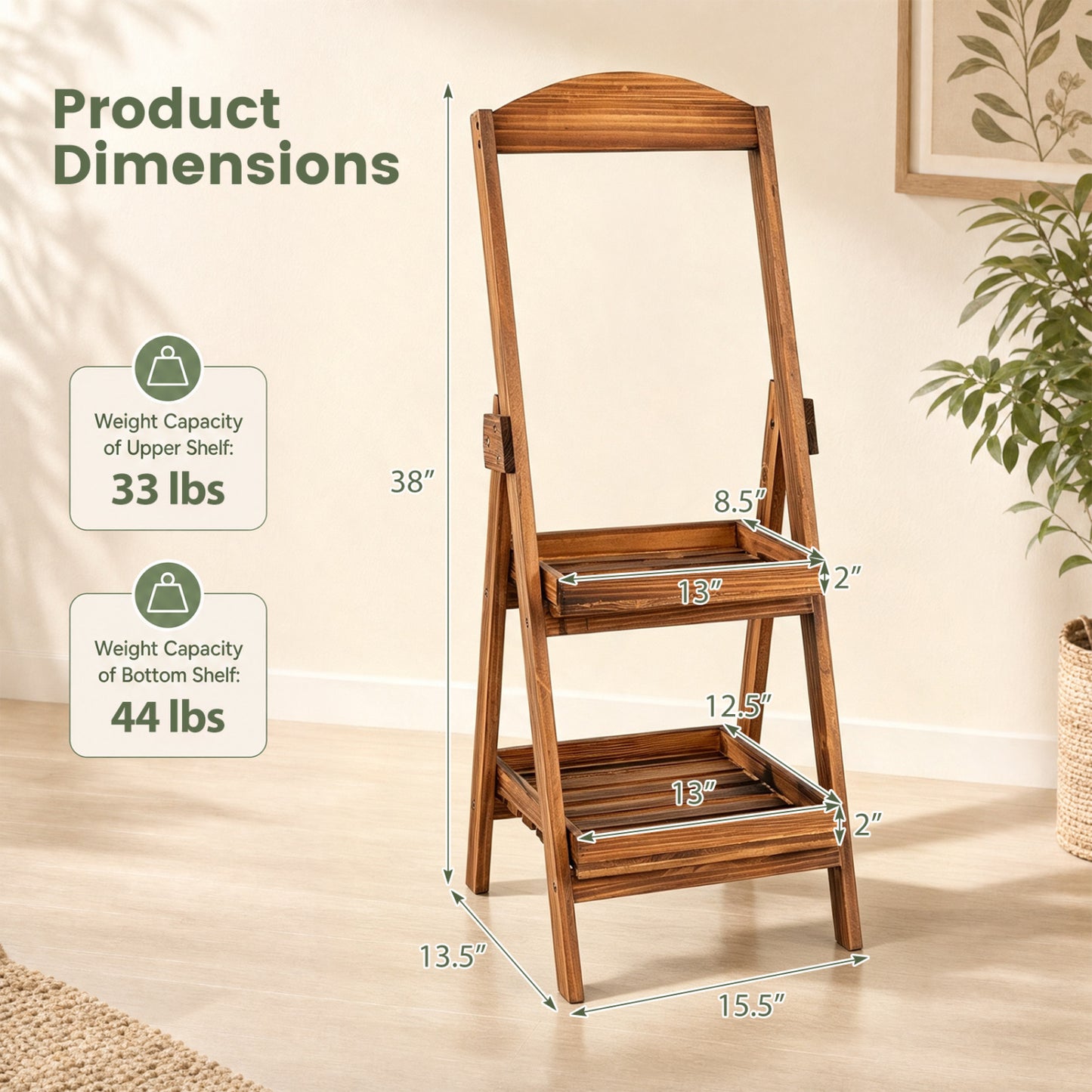 2-Tier Ladder Plant Stand with Fir Wood Frame